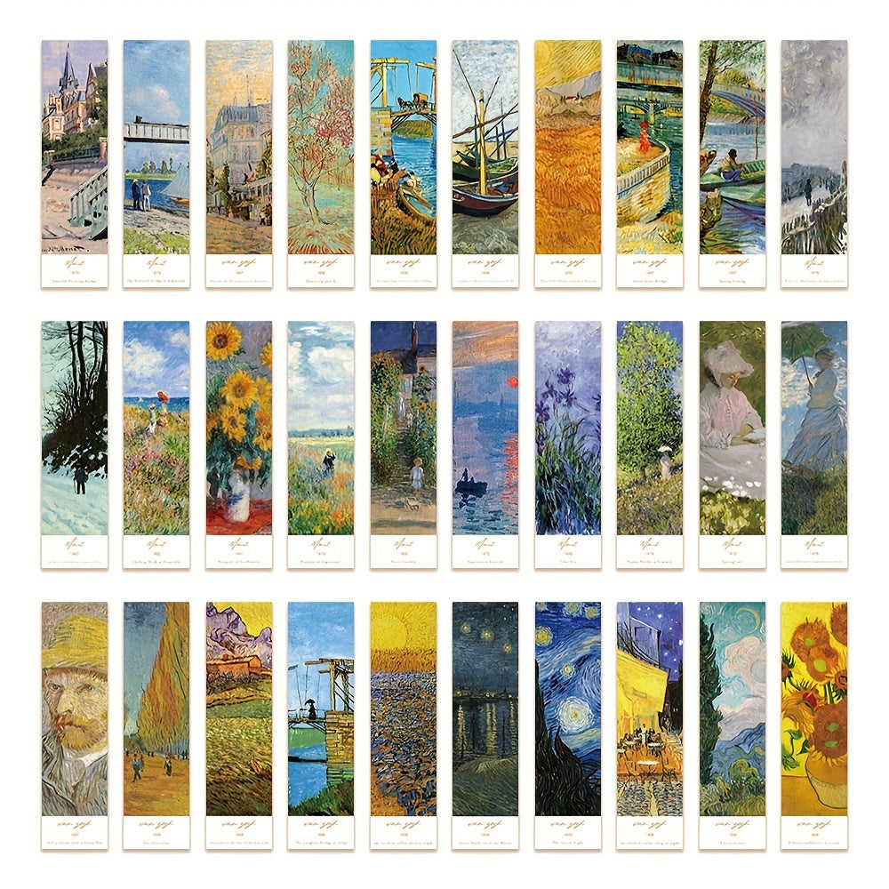 30pcs Classic Oil Painting Art Bookmarks featuring Van Gogh and Monet, DIY decorative small cards.