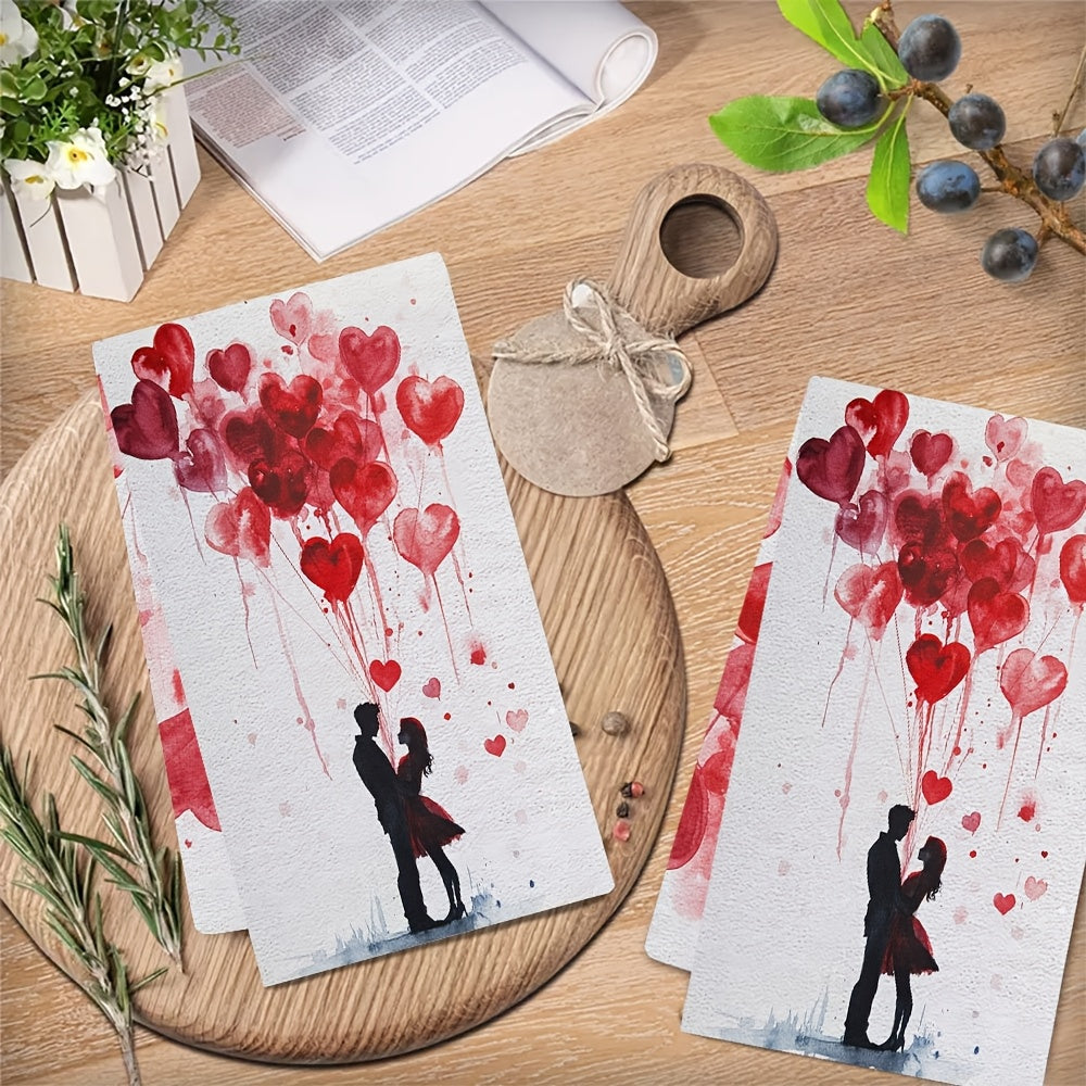 Set of 2 Romantic Valentine's Day Kitchen Towels - Made from Ultra Soft & Highly Absorbent Polyester, Measuring 40.64x60.96 cm, These Machine Washable Dish Hand Towels Feature a Charming Heart Balloon Illustration - Perfect for Holiday Decor & Thoughtful