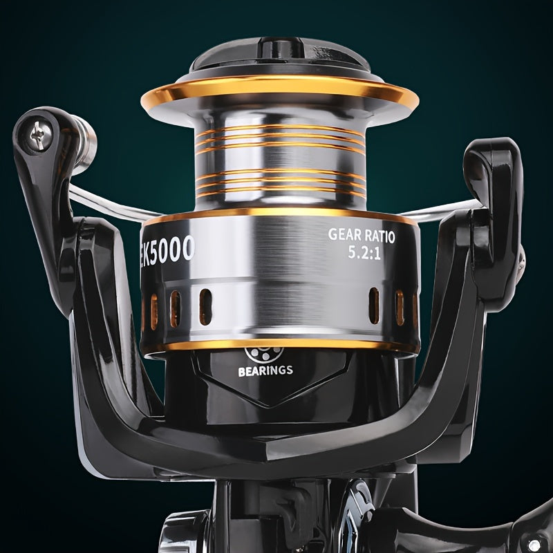 Limited edition BILLINGS EK 1000~7000 spinning reel with 5.2:1 gear ratio, 11.79KG max drag, aluminum alloy metal spool, ambidextrous design, made with PA and mixed colors.