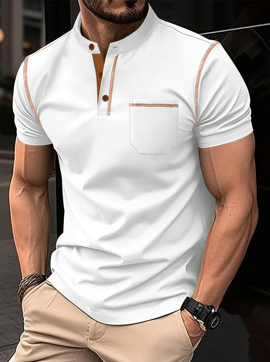 Men's preppy polo shirt with pocket made of 100% polyester knit fabric. Features short sleeves, stand collar, regular fit, and solid color. Breathable and stretchy, suitable for casual