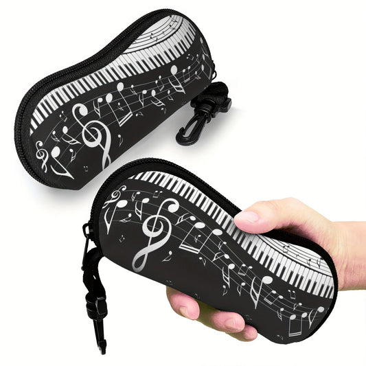 Fashionable piano keyboard music notes pattern glasses case with a key chain made from ultra-light soft neoprene material. This stylish and portable glasses storage box is perfect for storing your reading glasses and comes with a key chain for