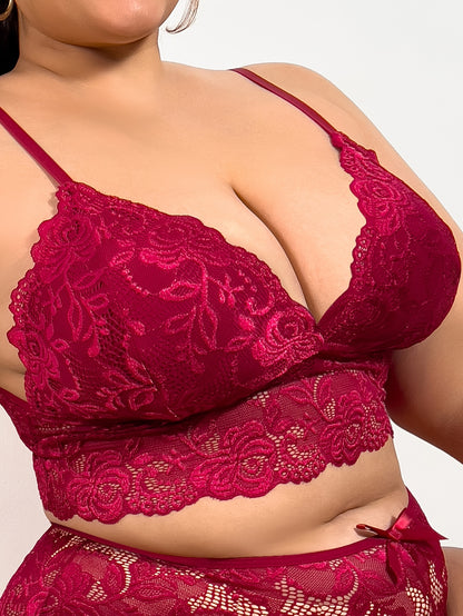 Floral lace deep V-neck longline bra for plus size women