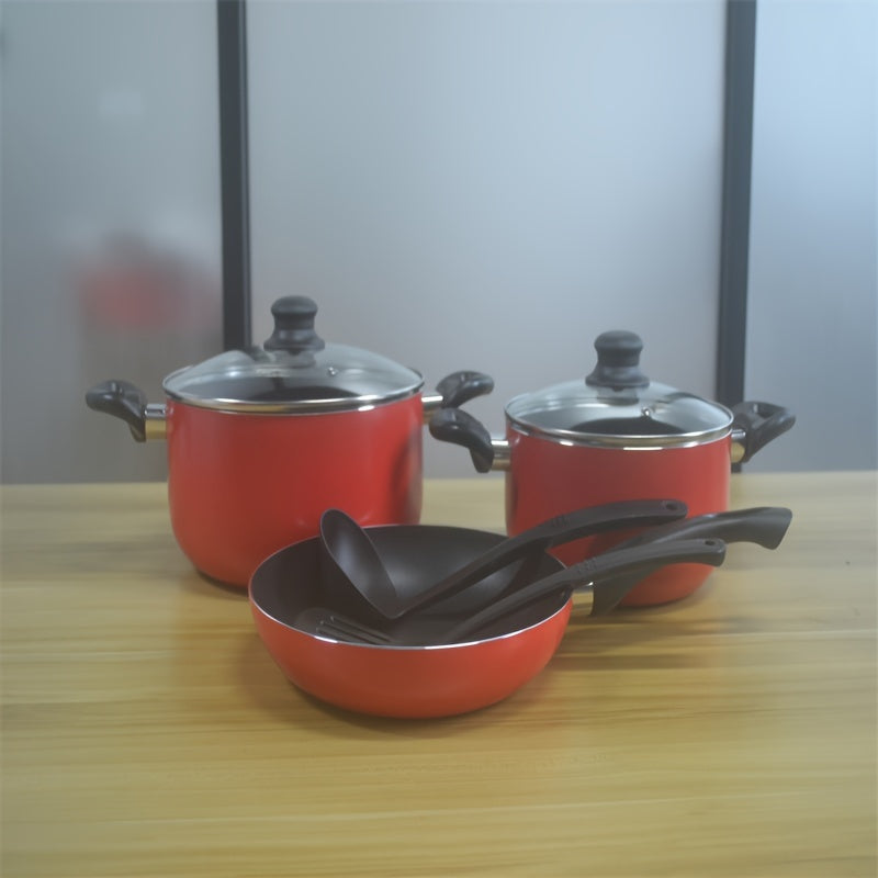 8-частный набор алюмини cookware с антипригарным покрытием - включает в себя сковороду 24 см, кастрюлю 24 см с крышкой, кастрюлю 20 см с крышкой, кастрюлю 18 см с крышкой и нейлоновый лопатка.