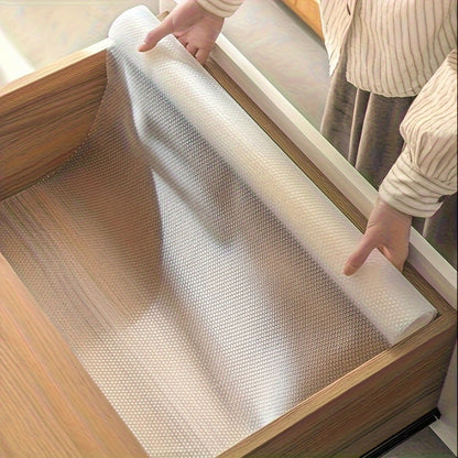 - Household kitchen item: 1 roll Cabinet Drawer Mat made of waterproof and moisture-proof EVA material; resistant to oil, water, and stains; easy to clean placemat for cabinets, refrigerators, and tables.