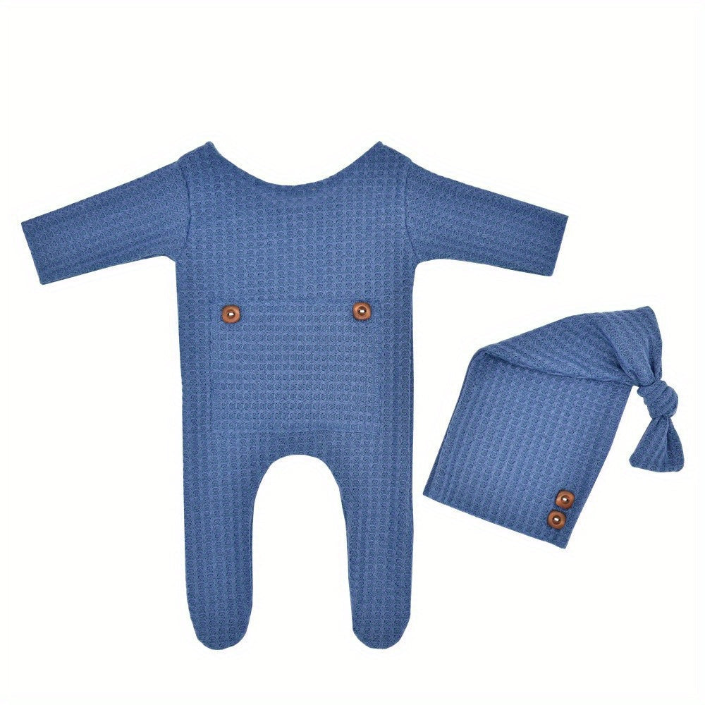 Newborn baby boy clothes set including a long sleeve knitted romper bodysuit, beanie cap, perfect for photography props and toddler photo shooting outfits. Great as a gift for Christmas, Halloween, or Thanksgiving Day.