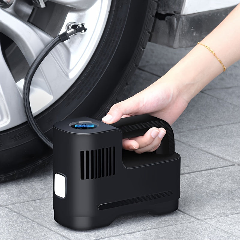 Compact digital tire inflator for cars and motorcycles, with LED lights.