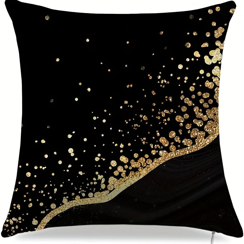 Set of 4 black and golden throw pillow covers in various sizes for accenting couch cushions and home decor.