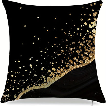 Set of 4 black and golden throw pillow covers in various sizes for accenting couch cushions and home decor.