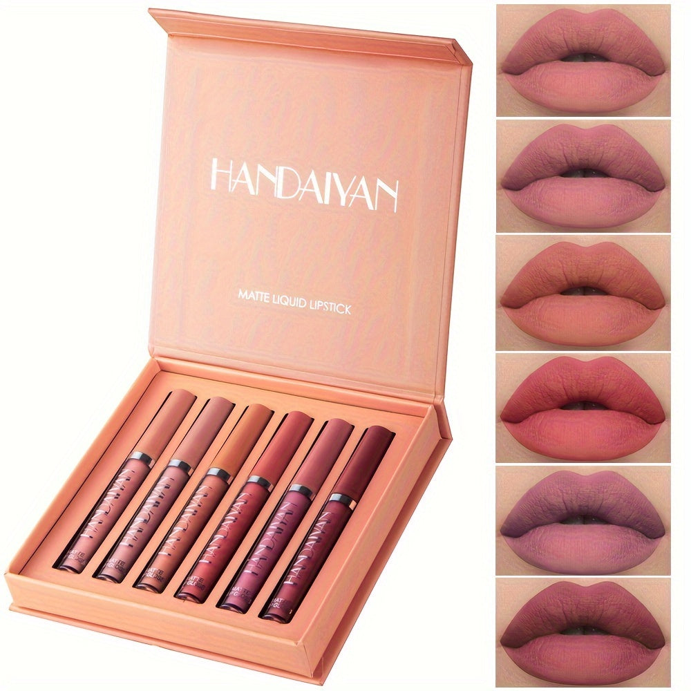 6-piece matte liquid lipstick set with long-lasting wear, non-stick formula, and waterproof finish.