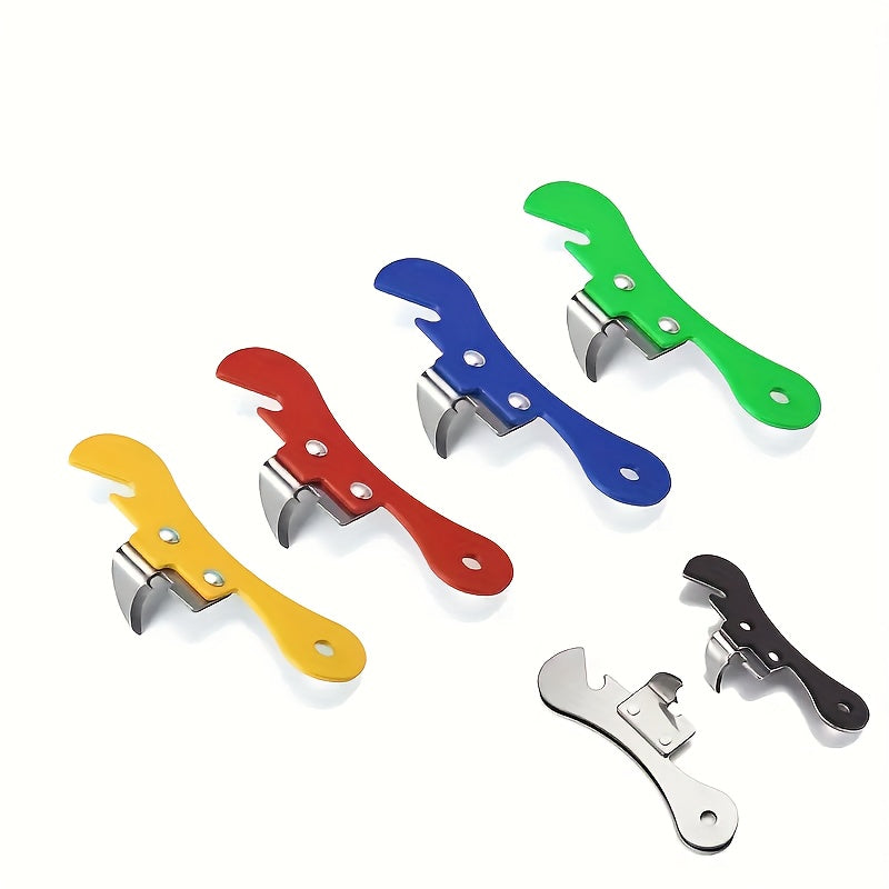 Portable stainless steel kitchen tool that functions as a versatile can opener and bottle opener, available in multiple colors.