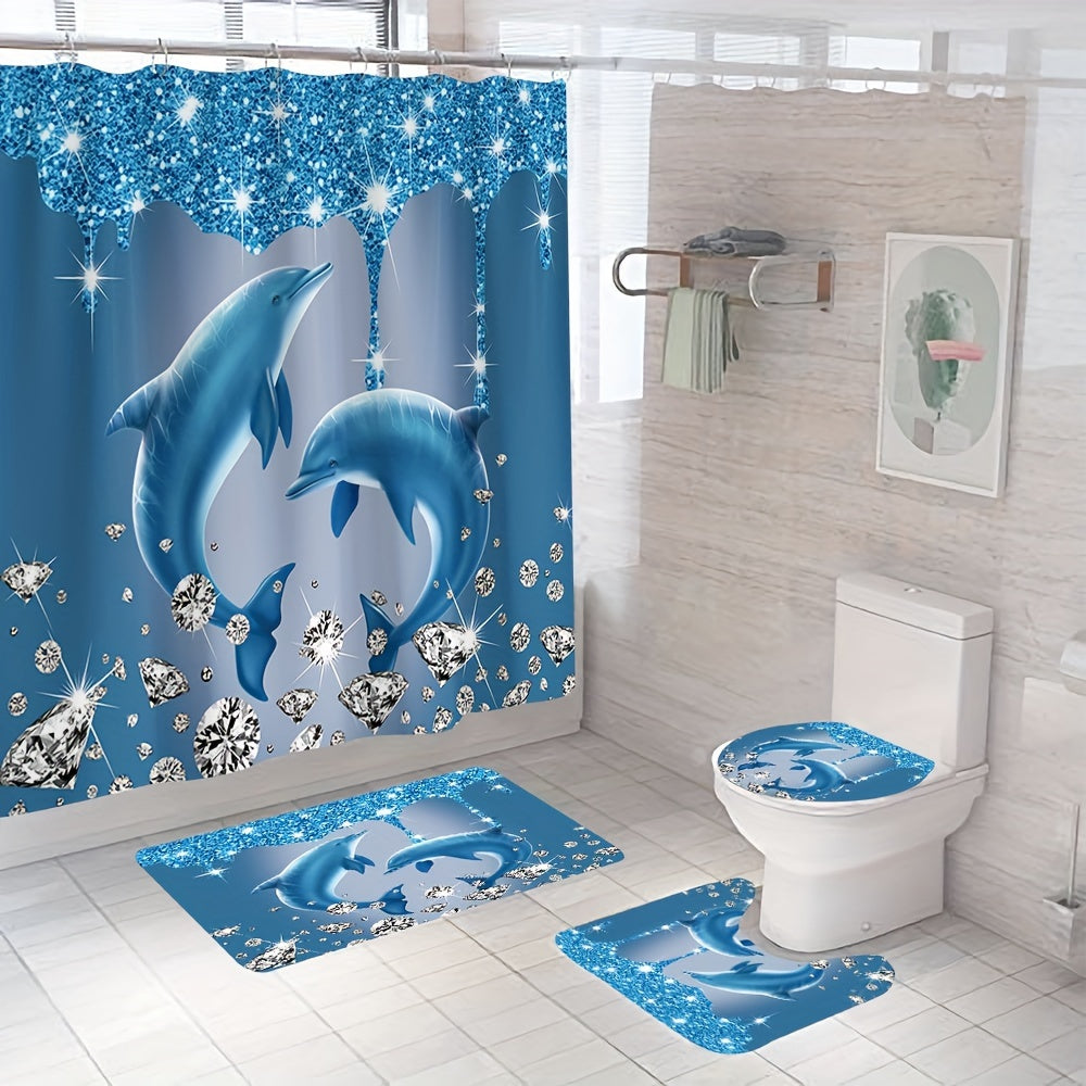 Diamond dolphin print shower curtain set with hooks, bath mat, rug, and toilet lid cover. Waterproof polyester fabric for all seasons.