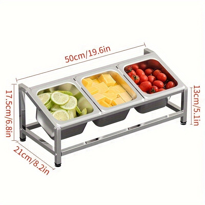 3-Compartment Spice Organizer made of Stainless Steel - Seasoning Rack for Countertop with Condiment Containers, Ideal for Kitchen and Restaurant Purposes.