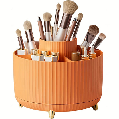 360° Rotating Makeup Organizer with 5 compartments for brushes, lipsticks, skincare, and stationery. Durable unscented desk caddy with luxury stripe design.