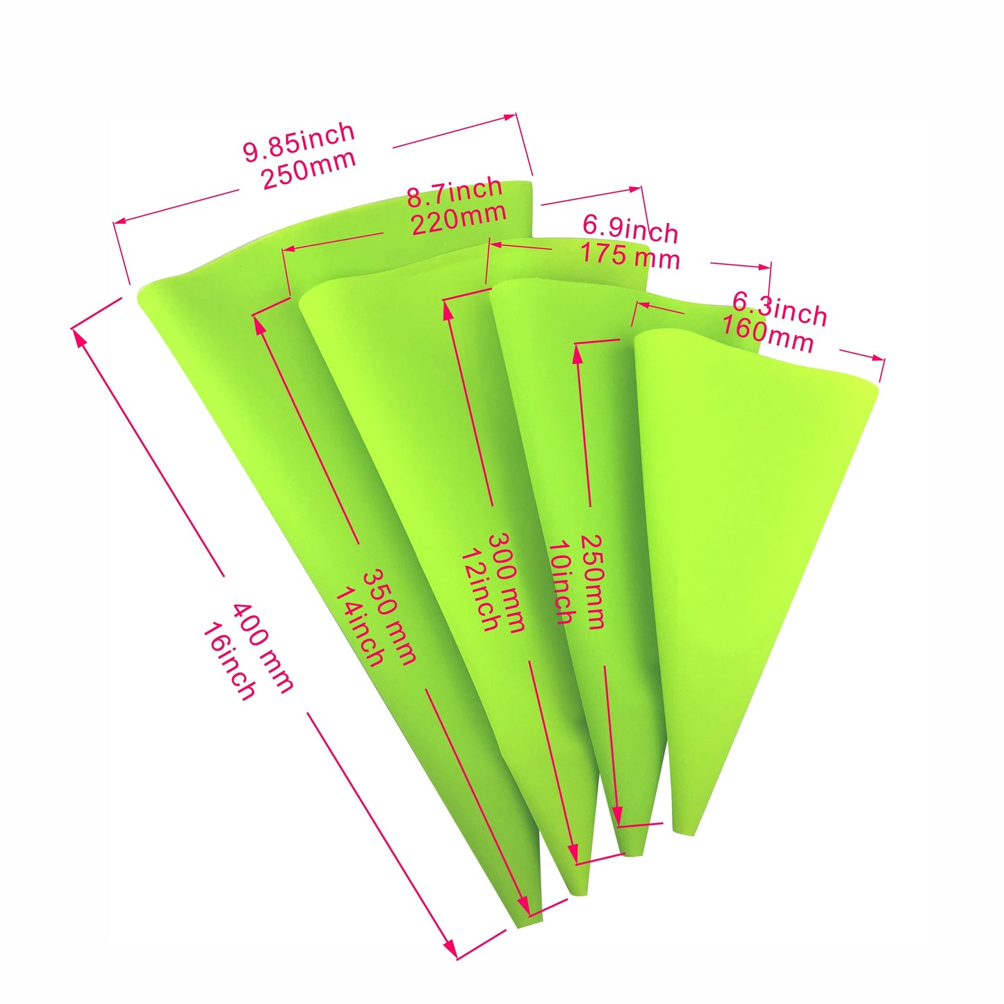 4 ta qayta ishlatiladigan silikon pipetka to'plami turli o'lchamlarda (25.4/30.48/35.56/40.64 sm) tort bezaklari, pechene, shokoladli kekslar va krem uchun. Pishirish va oshxona ishlari uchun ideal.