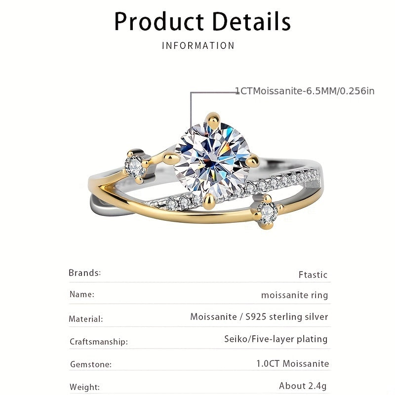 1 Carat Moissanite Ring in 925 Sterling Silver, Available in Multiple Colors, High Quality Jewelry with Certificate and Gift Box, Weighs 2.4g/0.08oz