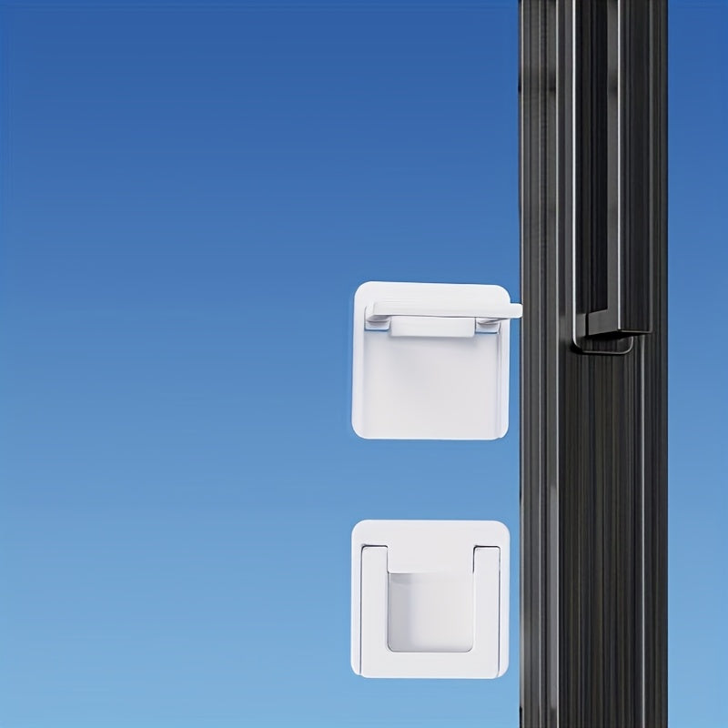 Two white plastic sliding door/window stopper locks come in a pack, designed for child safety and to secure sliding glass doors, windows, and closets. These locks do not require electricity, are hand wash only, and are safe for both children and pets.