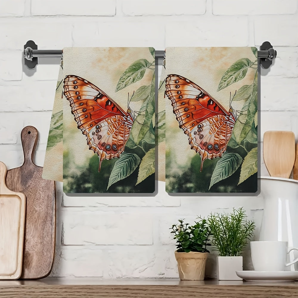 Two pieces of ultra soft kitchen towels featuring a vibrant butterfly design. These highly absorbent and machine washable dish hand towels are perfect for adding a contemporary coastal decor to your kitchen. Each towel measures 40.64x60.96 cm.