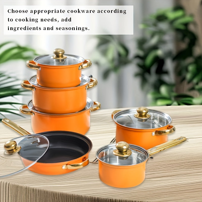 12-piece cookware set made of stainless steel with handles plated in gold. Features a non-stick coating, ideal for frying, steaming, and boiling.