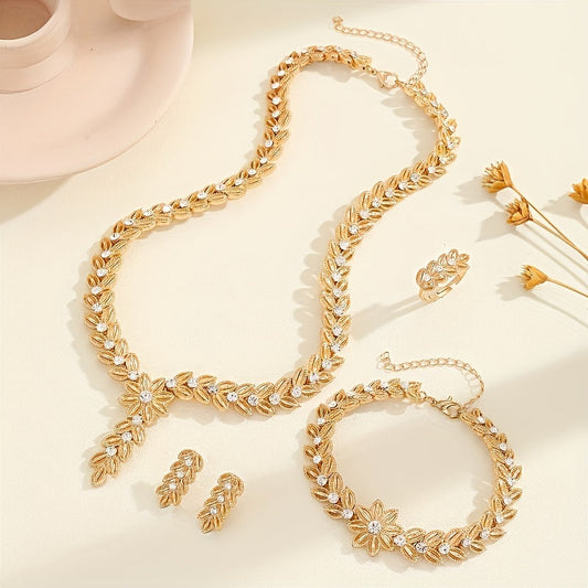 Elegant and chic Bohemian Vintage jewelry set for women includes a necklace, bracelet, ring, and earrings crafted from alloy with rhinestone accents. Perfect for daily wear, gift-giving, and special occasions.