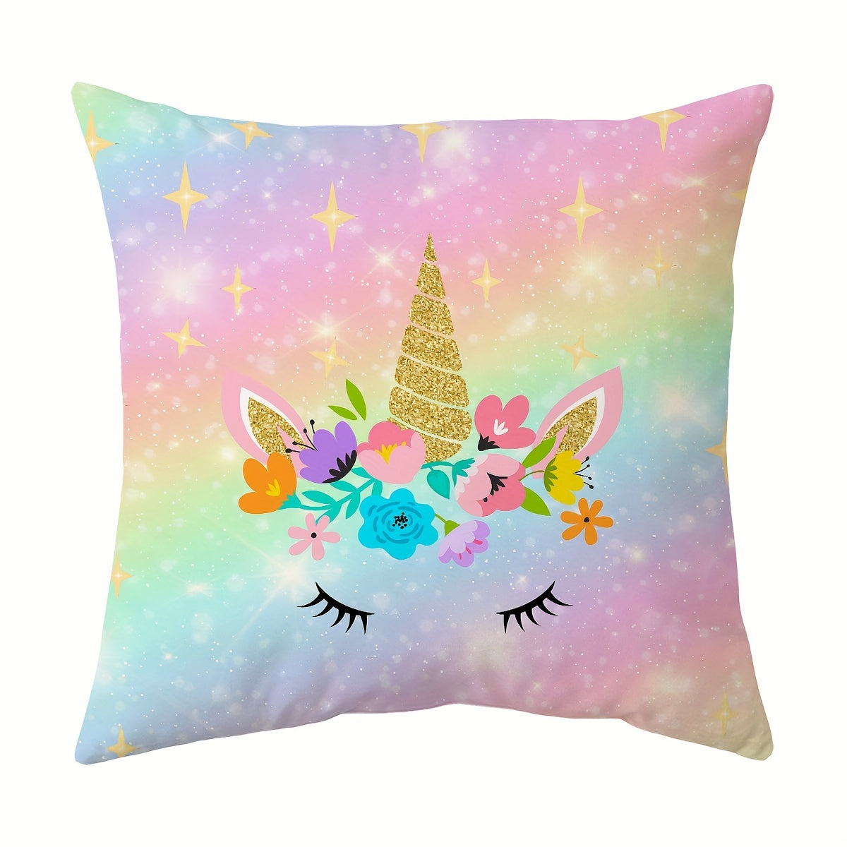 Double-sided printing on cute throw pillow cover with rainbow glitter galaxy design, perfect for couch, sofa, living room, or bedroom. Pillow insert not included.