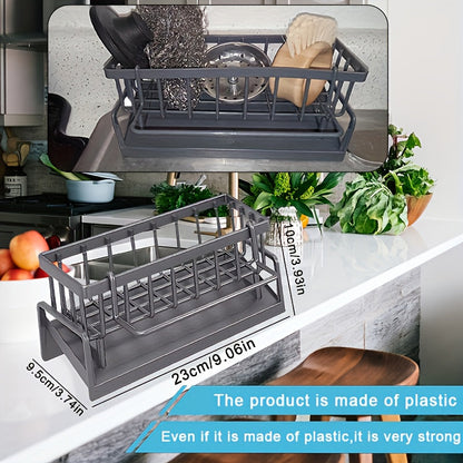 This product is a versatile 1-piece storage rack that can be used in the kitchen and bathroom. It includes compartments for storing a kitchen sink, toilet, faucet sponge, and various kitchen supplies such as soap, brushes, towels, scrubbers, and rags.