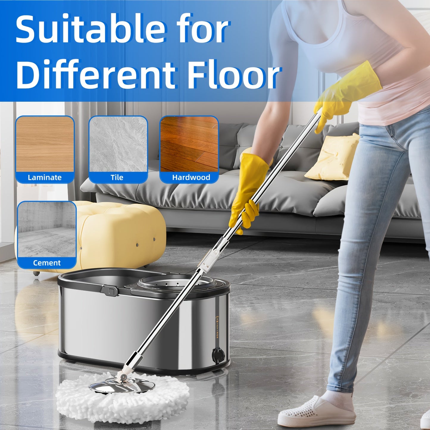 No need for electricity with this Stainless Steel Spin Mop and Bucket Set, featuring a 360-Degree Rotating Mop and Reusable Microfiber Head for cleaning in the Living Room, Bedroom, Bathroom, Toilet, and Kitchen.