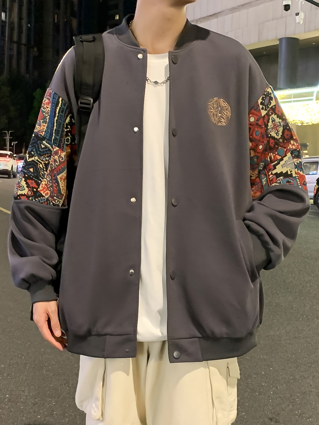 Men's Casual Ethnic Embroidered Varsity Jacket - Cotton Blend, Button Closure, Long Sleeves, Floral Pattern Detail, Perfect for Casual Outings and Evening Dates