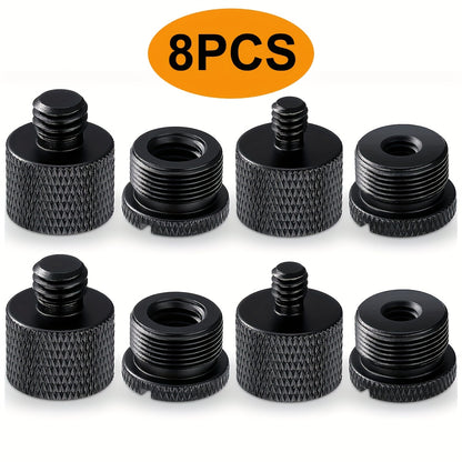 Set of 8 mic stand adapter pieces, featuring various female to male thread sizes for microphone compatibility.