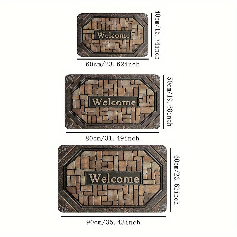 Polyester Welcome Doormat with Non-Slip Rubber Backing - Rectangle Entrance Carpet with Painted Brick Design (Pebble Pattern) - Machine Washable for Indoor and Outdoor Use