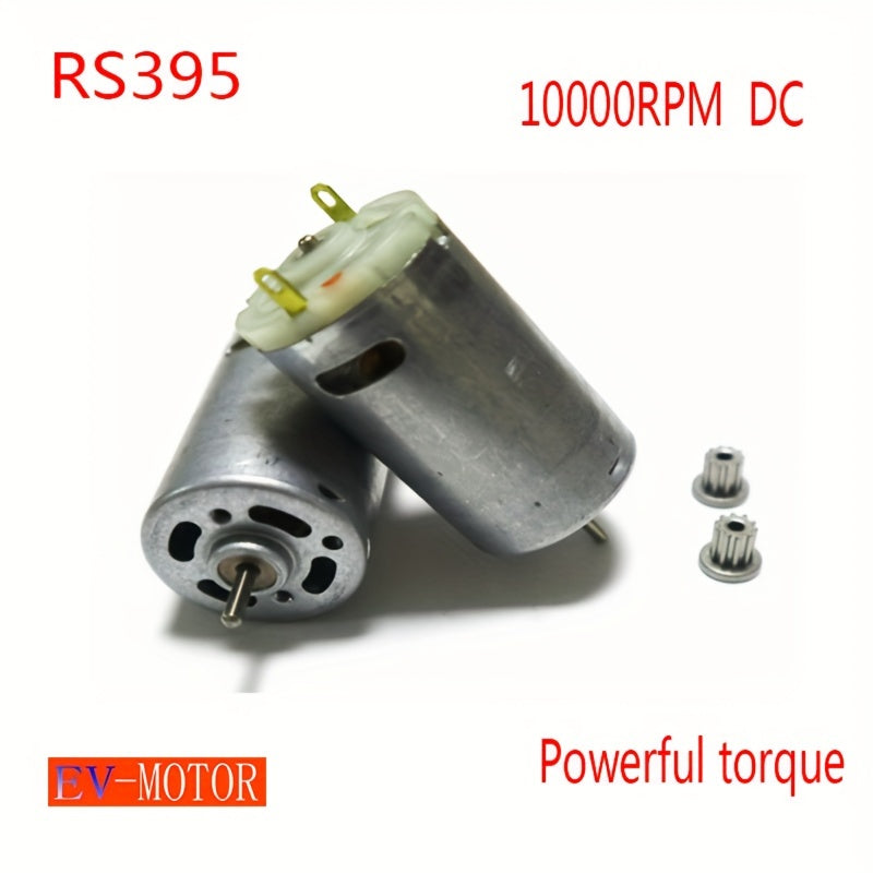 Two RS395 DC Motors included in the pack feature high torque and a speed of 10000RPM. They operate within a voltage range of 6-25.2V and are equipped with 10 tooth gears. Made of metal and plastic, these motors are stronger than the RS360 and RS380