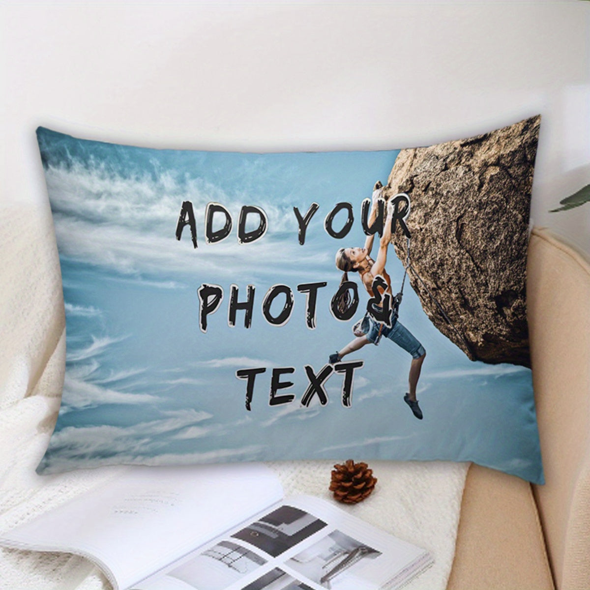 Personalized Photo Pillowcase measuring 30.48x50.8 cm, with Double-Sided Printing, made from Short Plush material featuring a Rock Climbing Enthusiast Design. This pillowcase is made from Polyester in Mixed Colors, making it an ideal gift for Valentine's