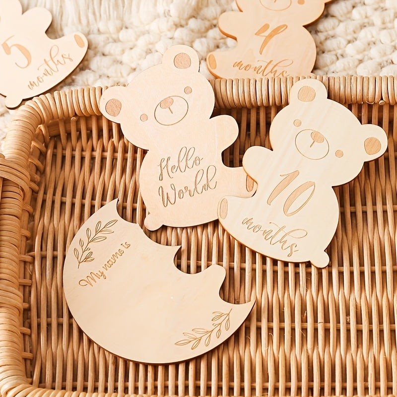 Cartoon Teddy Bear Wooden Milestone Keepsake, Growth Record and Birth Memory Card Set with Monthly Photo Props. Crafted from High-Quality Wood Materials for Baby's First Year. Perfect for Gifting during the Holiday Season.