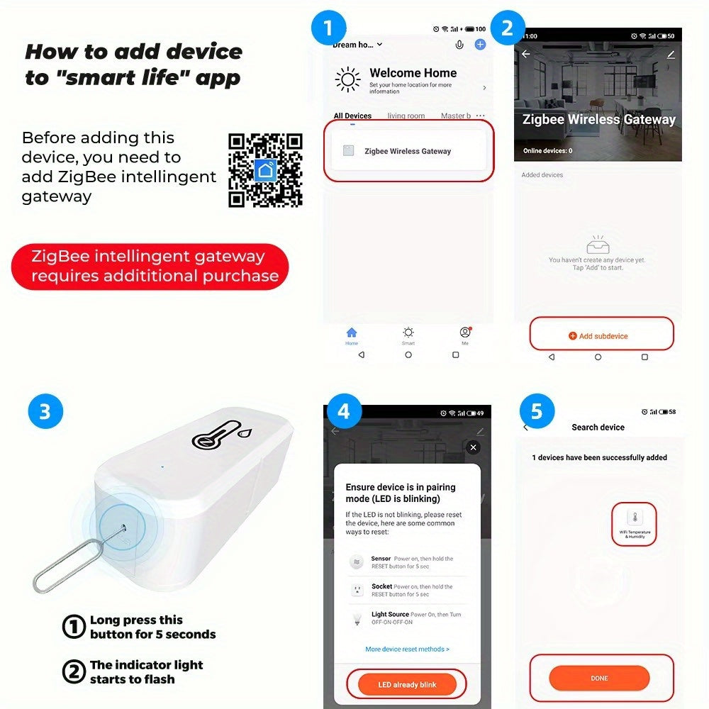 Smart sensor for detecting temperature and humidity changes, connects to WiFi/ZigBee protocol for app control of air conditioner and humidifier. Can be operated remotely via mobile phone