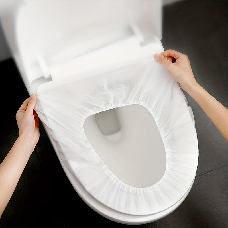 Disposable toilet seat covers in packs of 10, 20, 30, or 50. Individually wrapped with premium elastic strap for portability. Waterproof, stain-proof, and non-slip for travel, home, or potty training. Ideal as a gift for teenagers.