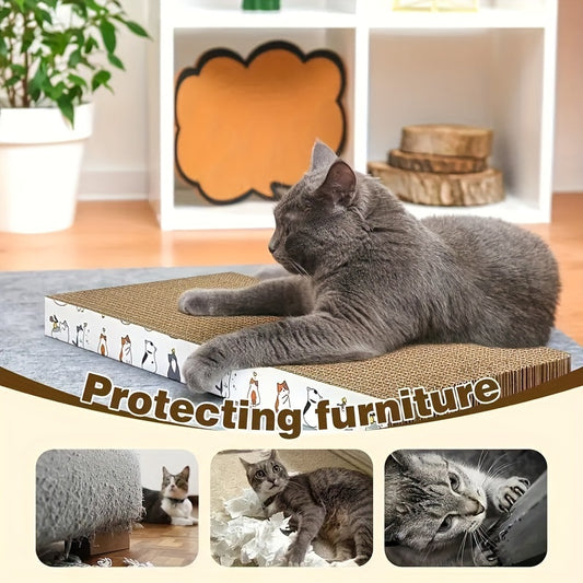 Durable cat scratcher pad made of extra-large corrugated cardboard, reversible with wave pattern, non-slip base, protects furniture and cares for cat's claws.