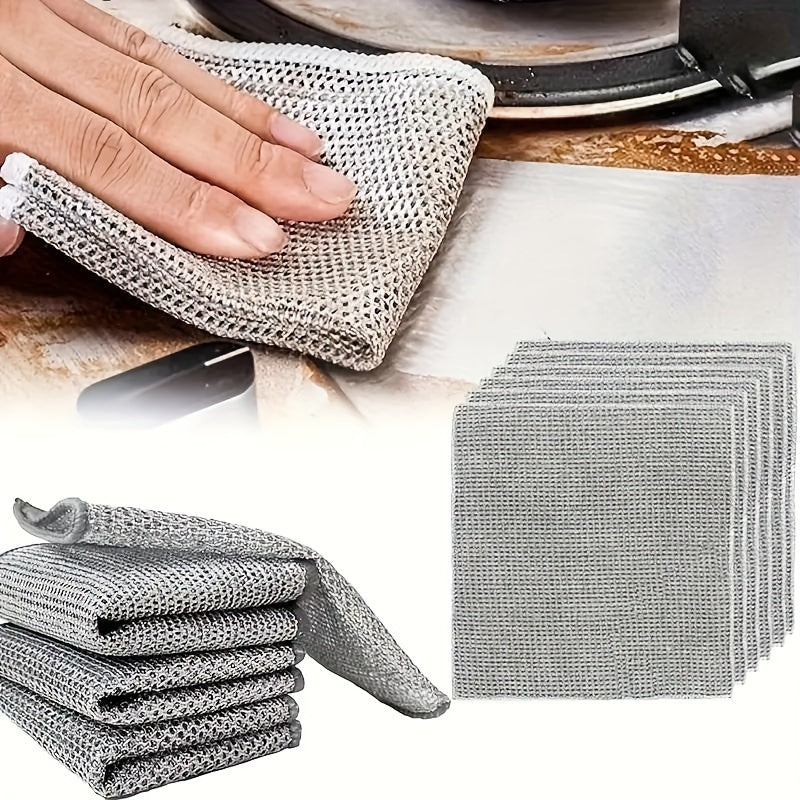 Introducing our versatile miracle cleaning cloth, made of 6/10/12 pieces of steel wire. Perfect for washing dishes with dry or wet use. This cloth won't scratch your dishes and is easy to rinse and machine washable. 20 cm in size.