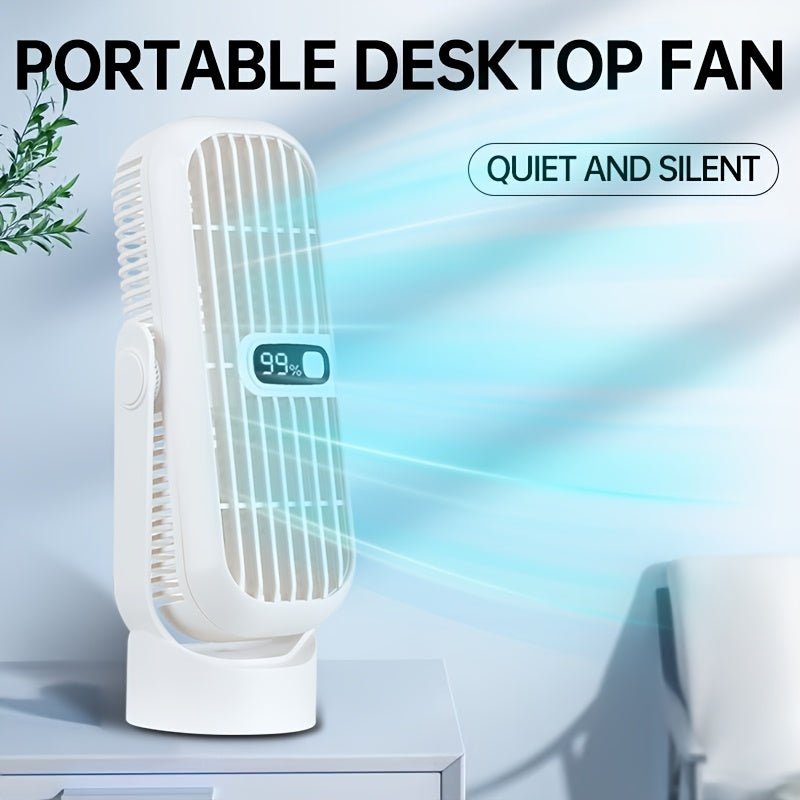 The JKUOO Ultra-Quiet USB Rechargeable Desktop Tower Fan features a sleek leafless design with a polished finish. It has 5 speed settings and a convenient LED display for easy control. This portable fan is safe for use in any space, including home