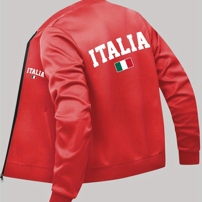 Stylish Italian Flag Print Bomber Jacket for men in red with zipper pockets, stand collar, and long sleeves. Perfect for fall and winter. Casual sporty outerwear.