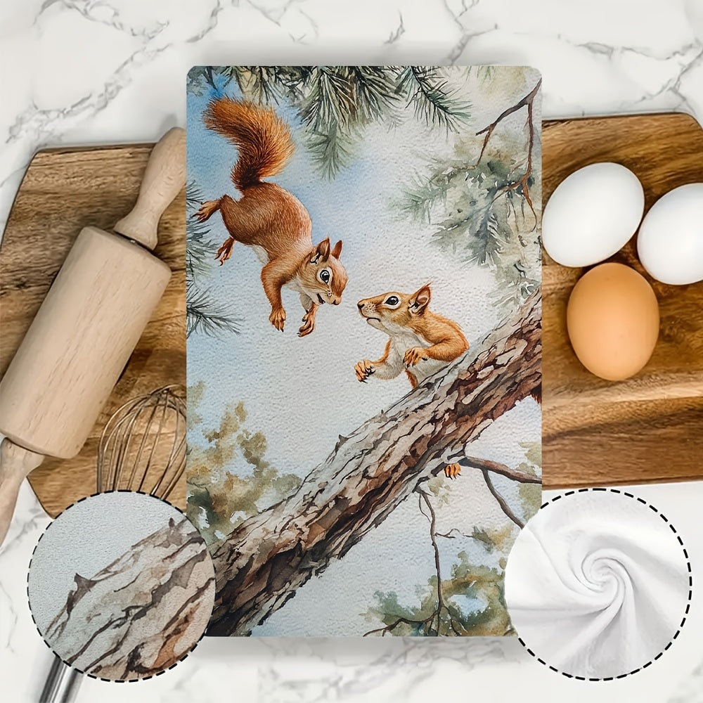 Set of 2 Ultra Soft Kitchen Towels featuring Playful Squirrels in Treetops Design. These towels are Highly Absorbent and Machine Washable, perfect for drying dishes. The Contemporary Coastal Style adds a touch of charm to your kitchen decor. Each towel