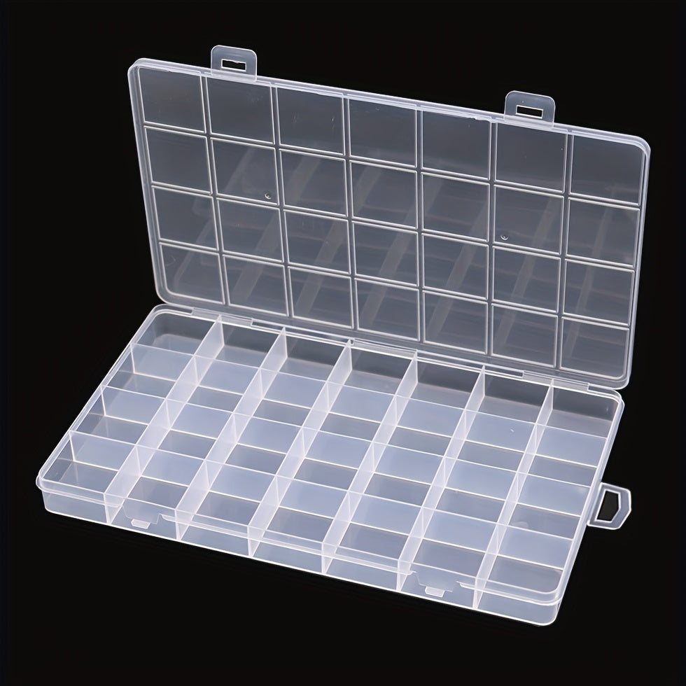 Rectangle plastic storage box with 28 compartments for jewelry, earrings, beads, and crafts.