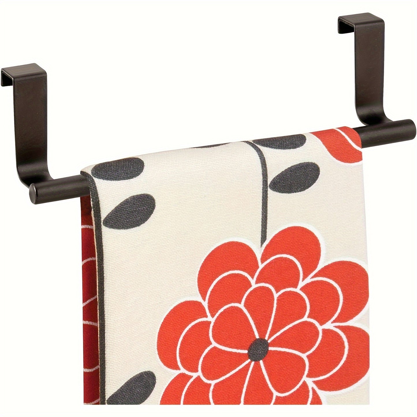 Steel towel bar for door or cabinet storage, holds hand and dish towels in kitchen or bathroom.