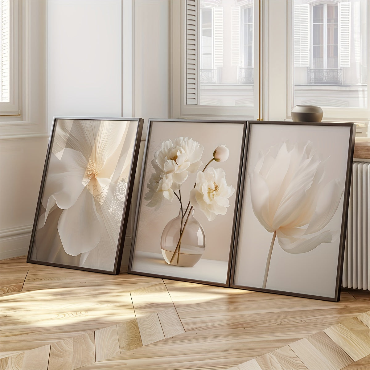 3 white peony flowers wall art prints for modern neutral decor in any room, unframed.