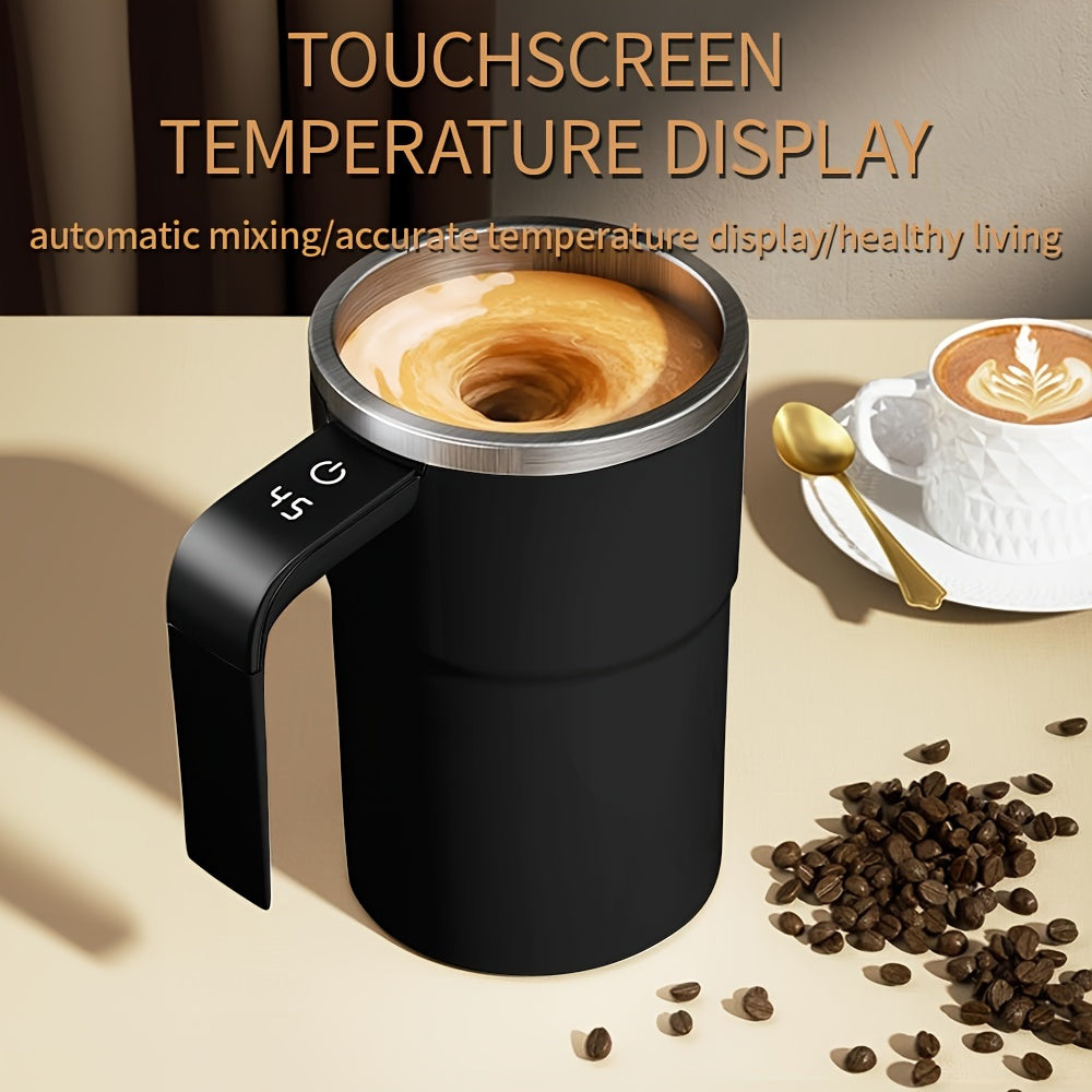 Innovative Self-Stirring Coffee Mug with Temperature Display - made from premium 304 Stainless Steel, USB rechargeable, includes Auto-Off function for effortless heat retention. Ideal for both office use and camping trips, constructed with Food-Safe