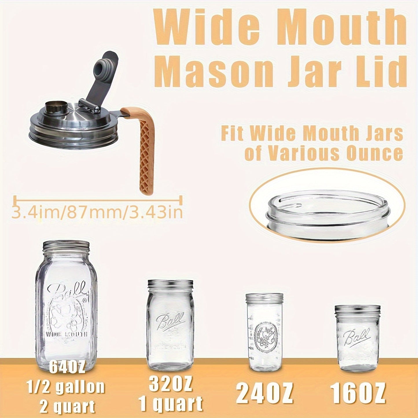 Mason jar lid made of durable stainless steel with a convenient handle, perfect for sealing and preserving food in the kitchen. Fits 86mm canning jars for easy storage.