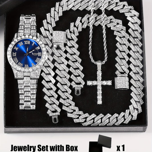 Set of 4 pieces: Men's Rhinestone Wrist Watch and Cross Pendant Jewelry Set, suitable for both Men and Women.