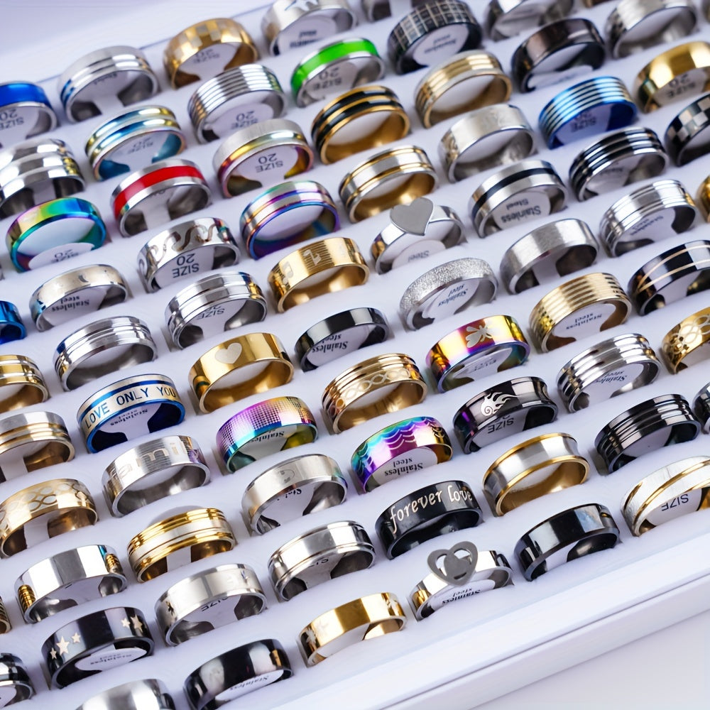 A lot of 100 Classic Simple Stainless Steel Rings for Women in Assorted Styles, Perfect for Jewelry Parties and Gifting