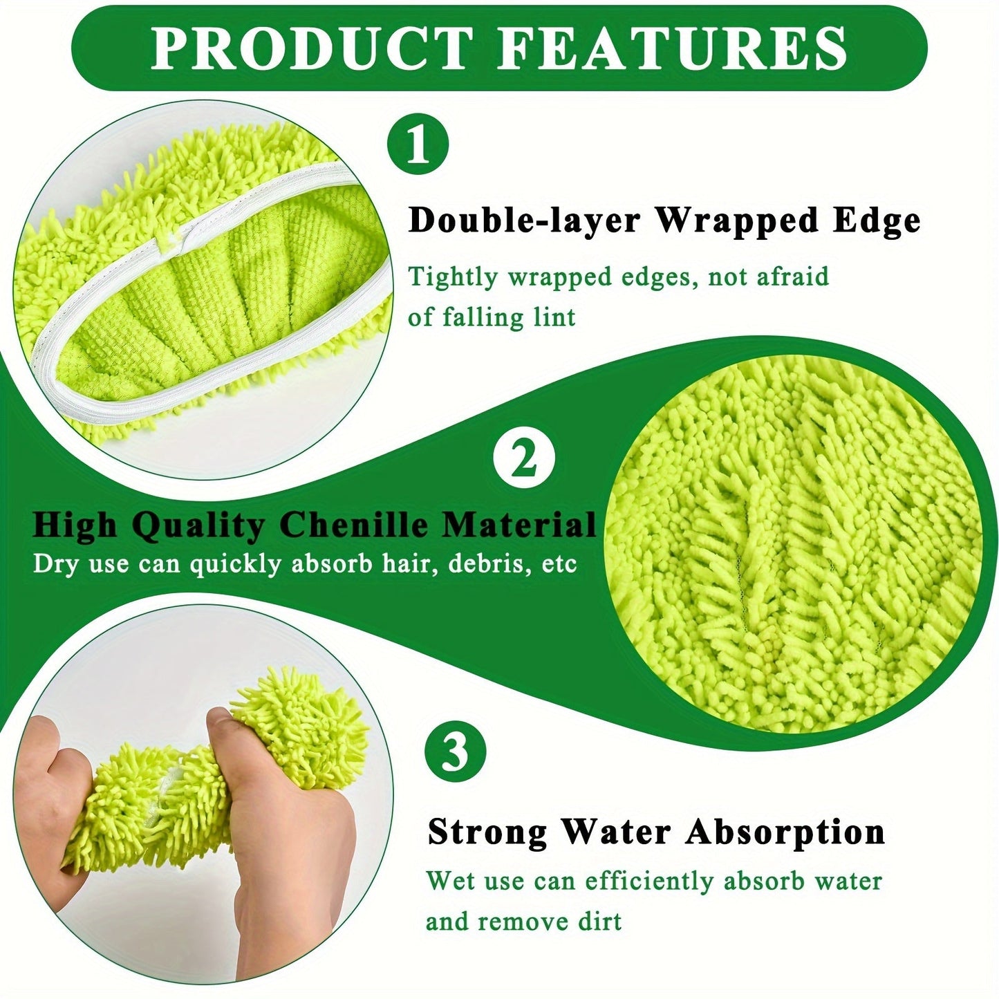 Get a 6-piece set of reusable and washable Home Times Microfiber Mop Pads in green, compatible with sweepers for both wet and dry floor cleaning. Perfect as Christmas or Halloween gifts for household cleaning needs. Experience vibrant green mop pads that