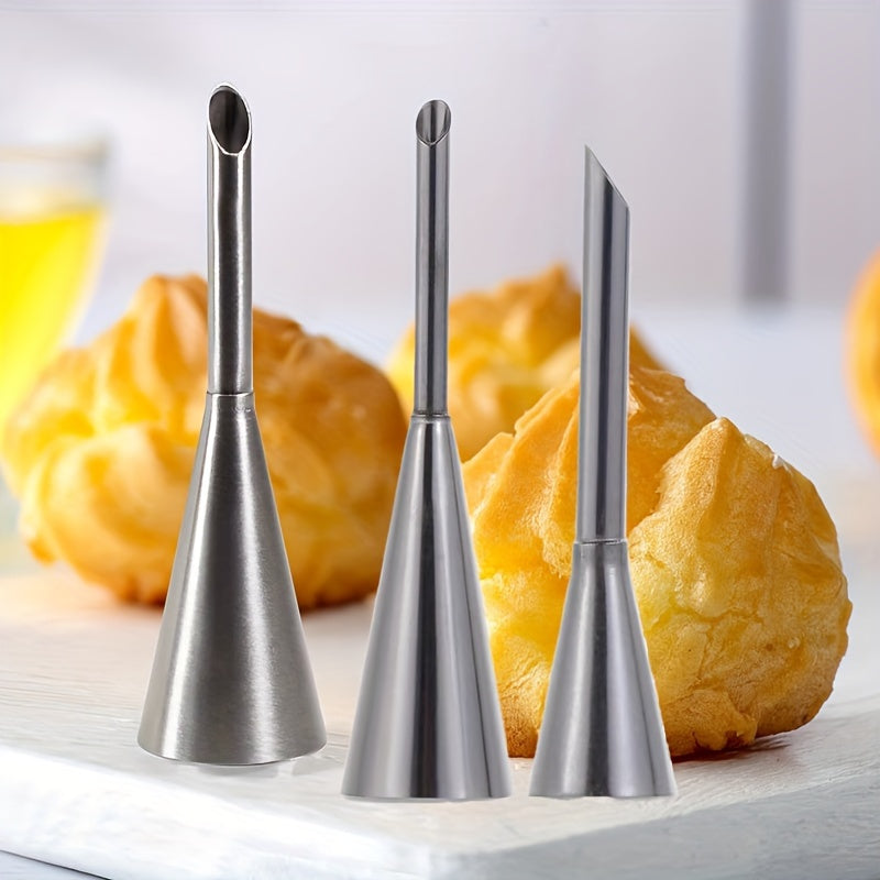 Professional Stainless Steel Long Cream Puff Nozzle Decor Set with 3 Pieces of Cream Icing Piping Nozzle Tips, Small Pastry Icing Piping Decorating Tools, Baking Supplies, and Kitchen Items