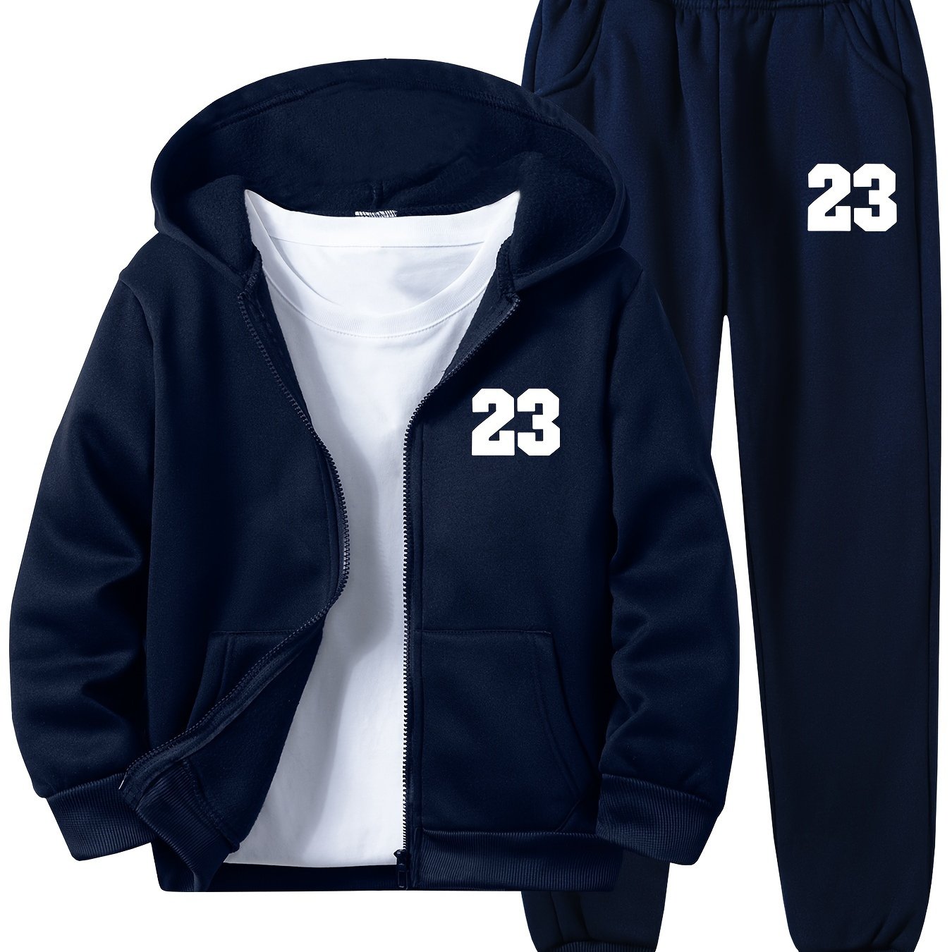 Boys' 2-piece #23 print hoodie and joggers set in cozy fleece lining, ideal for fall/winter casual wear and running outdoors.