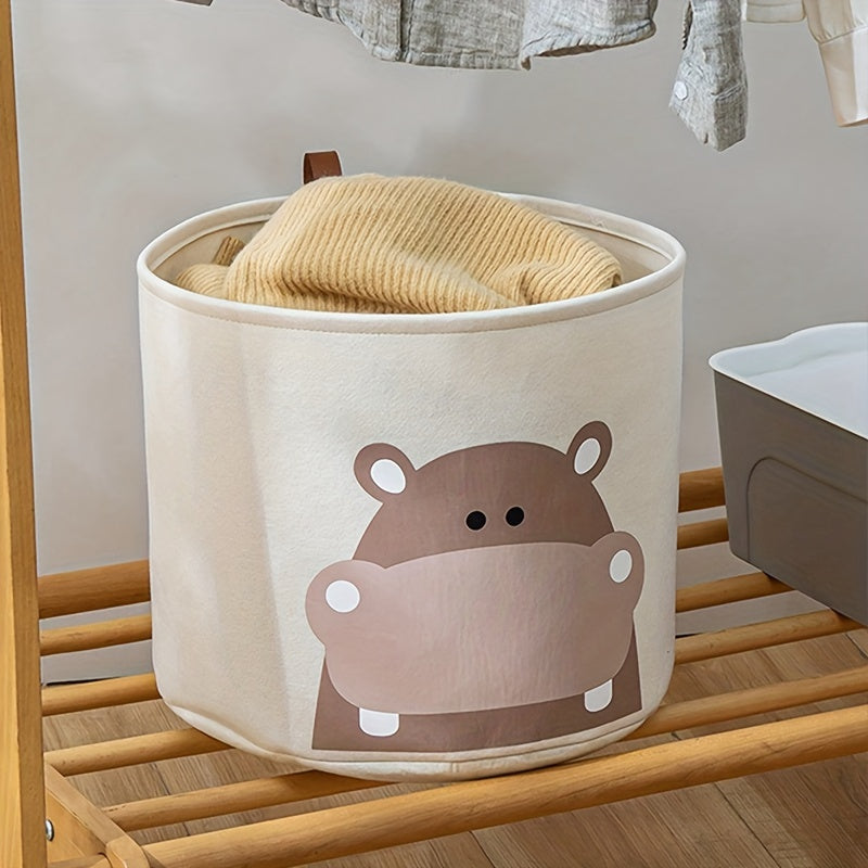 One Piece Large Capacity Felt Toy Storage Basket with Folding Laundry Hamper, featuring a Cute Animal Design. Made from Polyester Material with an Unfinished Look. Suitable for Ages 14+ and perfect for Standalone Use.